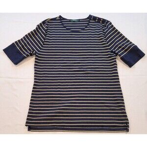 Ralph Lauren M? Navy Blue Gold Metallic Stripe Sweater 1/2 Sleeve Lace Shoulder